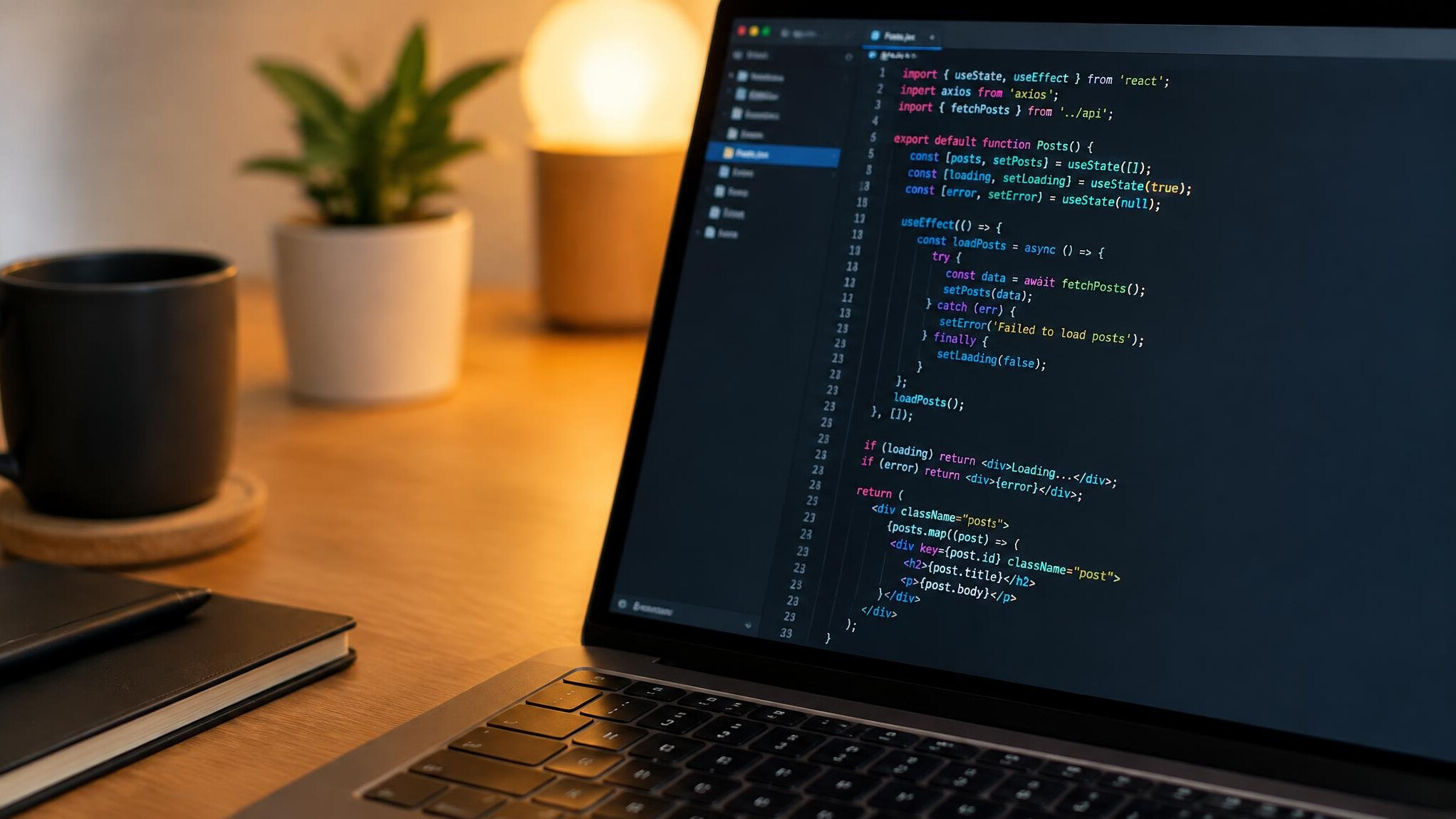 Laptop screen showing colorful programming code in an editor